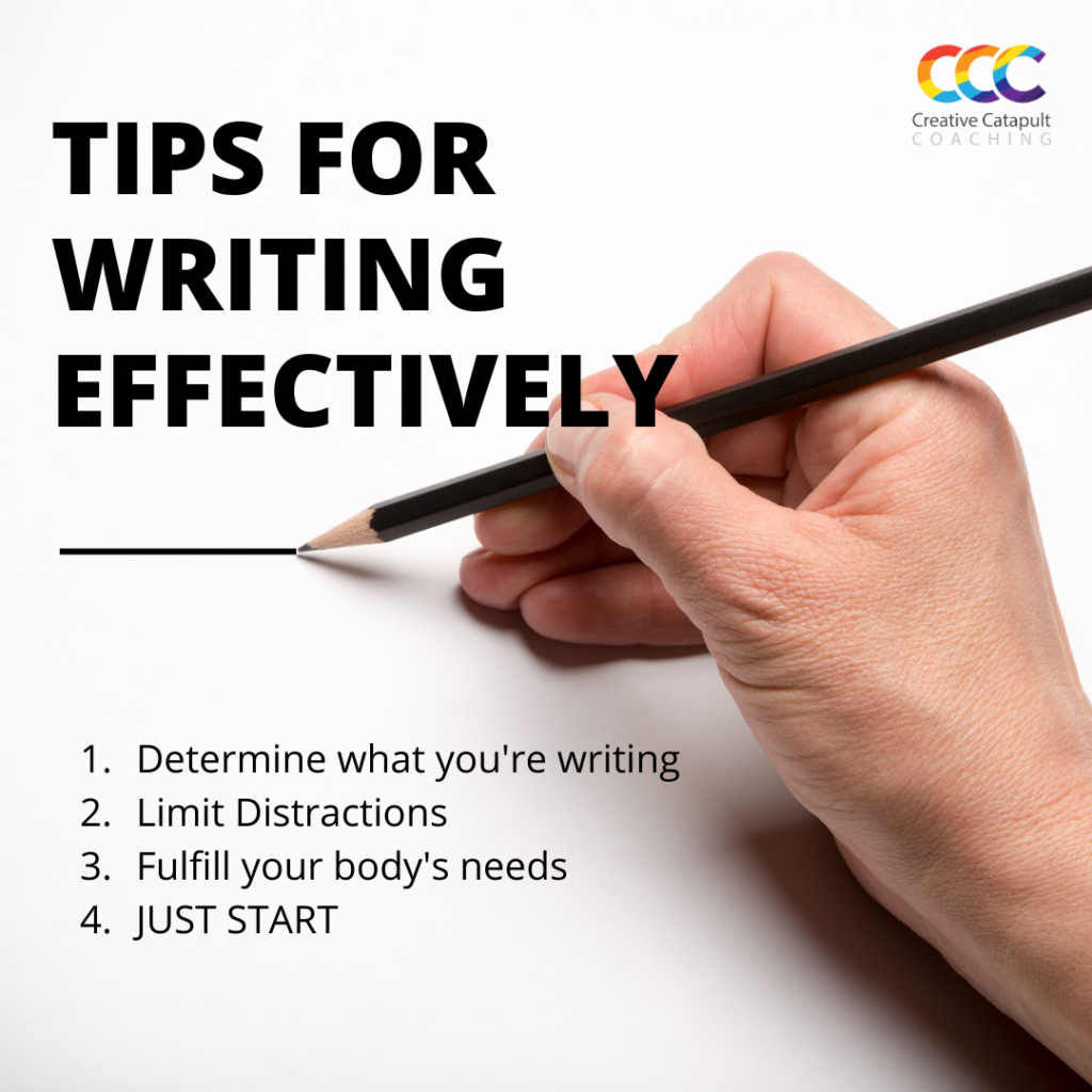 A hand draws a straight line and text includes the four tips for writing effectively